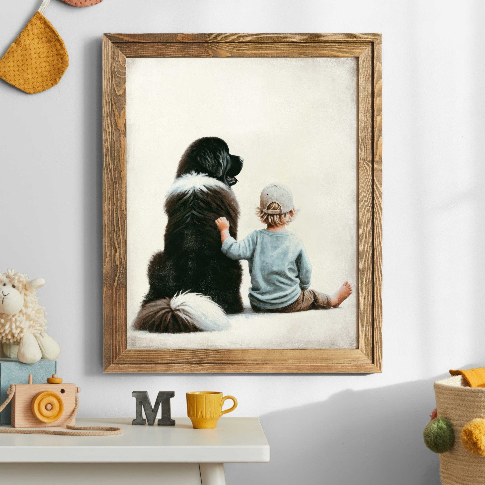 Newfoundland Dog Nursery Print, Boy & Dog Wall Art, Kids Room Decor - WildfieldPrints