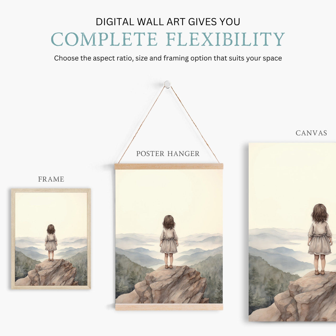 Brown - Haired Girl Mountain Print – Adventure Nursery Wall Art
