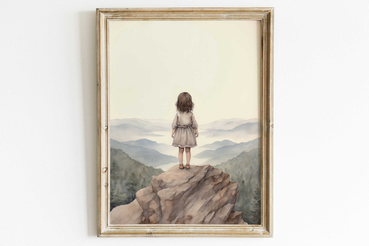 Brown - Haired Girl Mountain Print – Adventure Nursery Wall Art