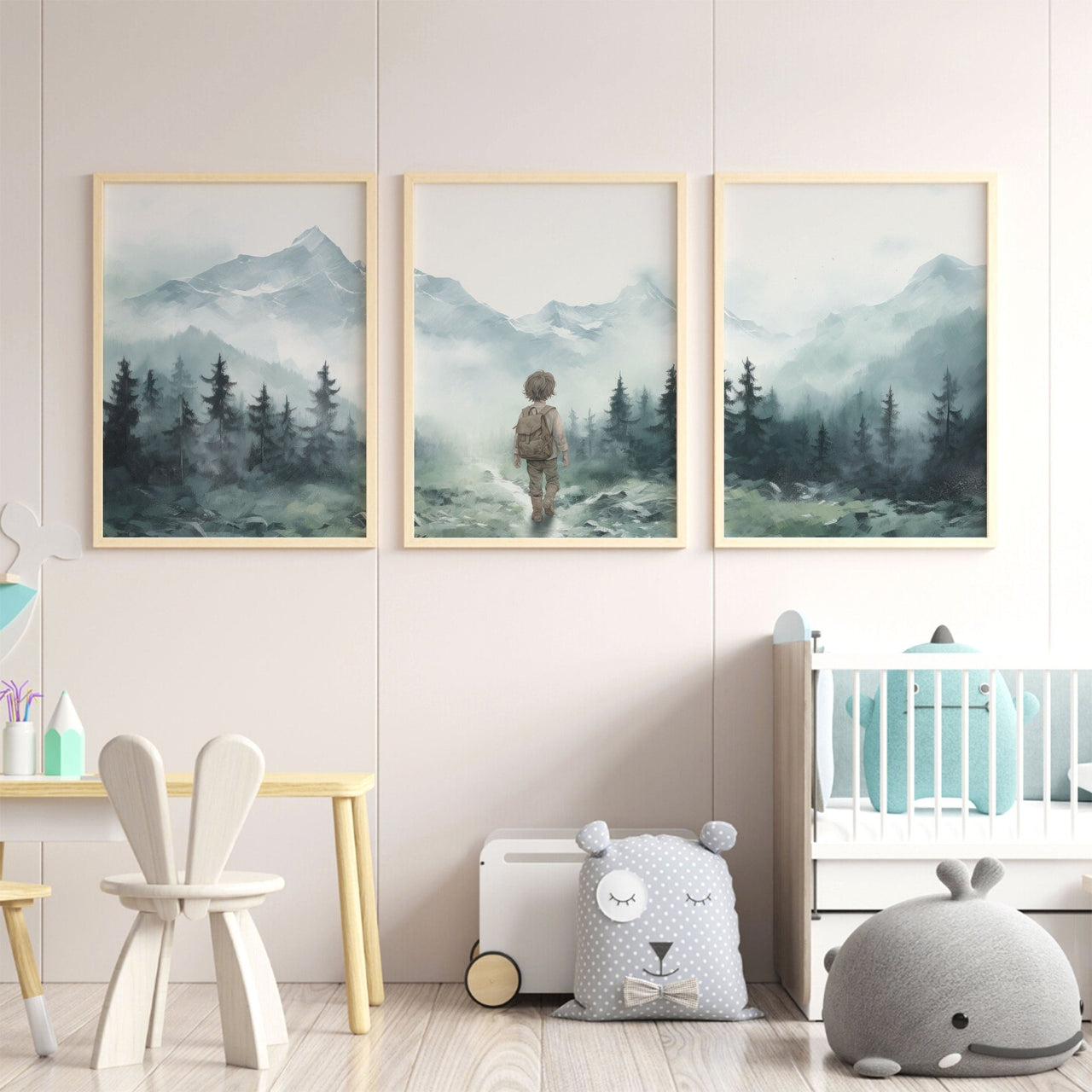 Little Boy Hiker Wall Art – Adventure Boys Room Print • Set of 3