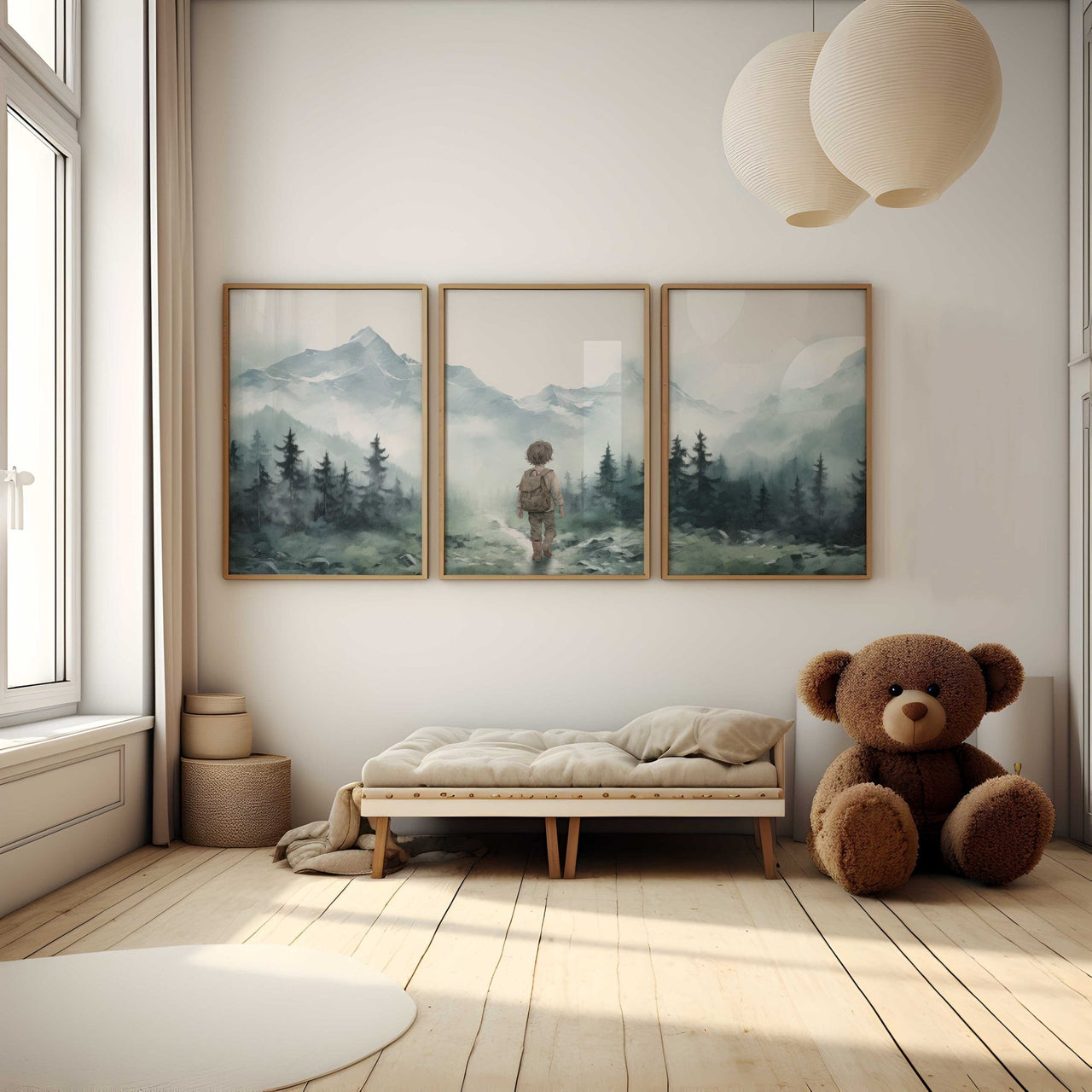 Little Boy Hiker Wall Art – Adventure Boys Room Print • Set of 3
