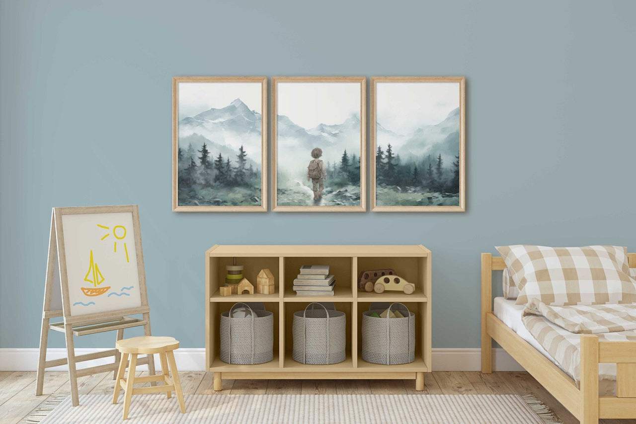 Little Boy Hiker Wall Art – Adventure Boys Room Print • Set of 3