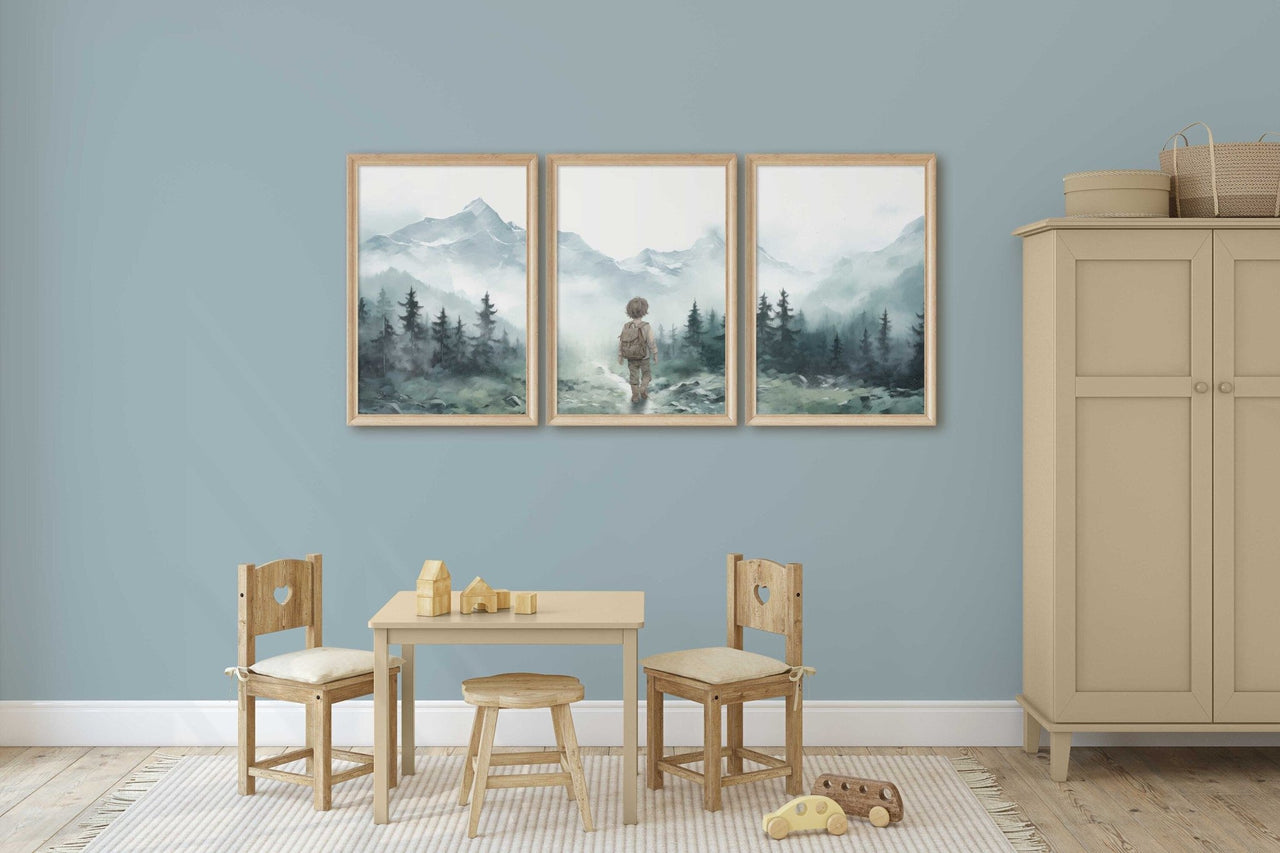 Little Boy Hiker Wall Art – Adventure Boys Room Print • Set of 3