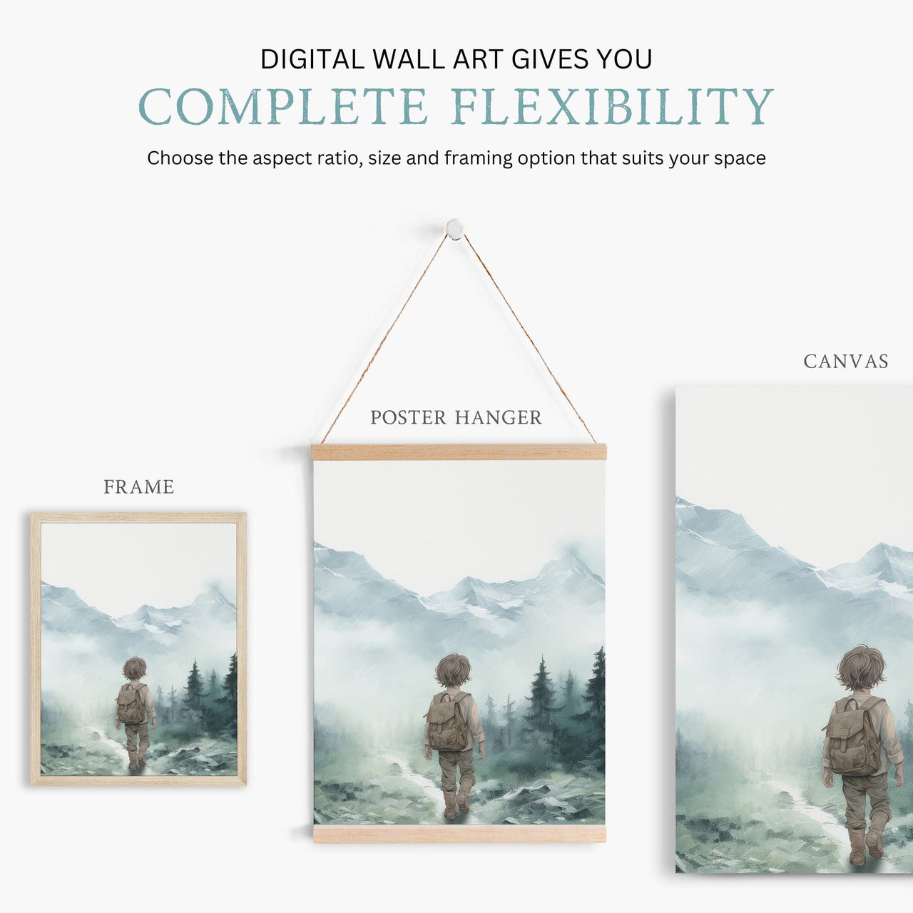 Little Boy Hiker Wall Art – Adventure Boys Room Print • Set of 3