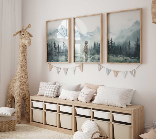 Nursery Adventure Decor, Hiking Nursery, Boys Room Print, Toddler Room Decor Set of 3, Forest Nursery, Printable Nature Art for Little Boy - My Store