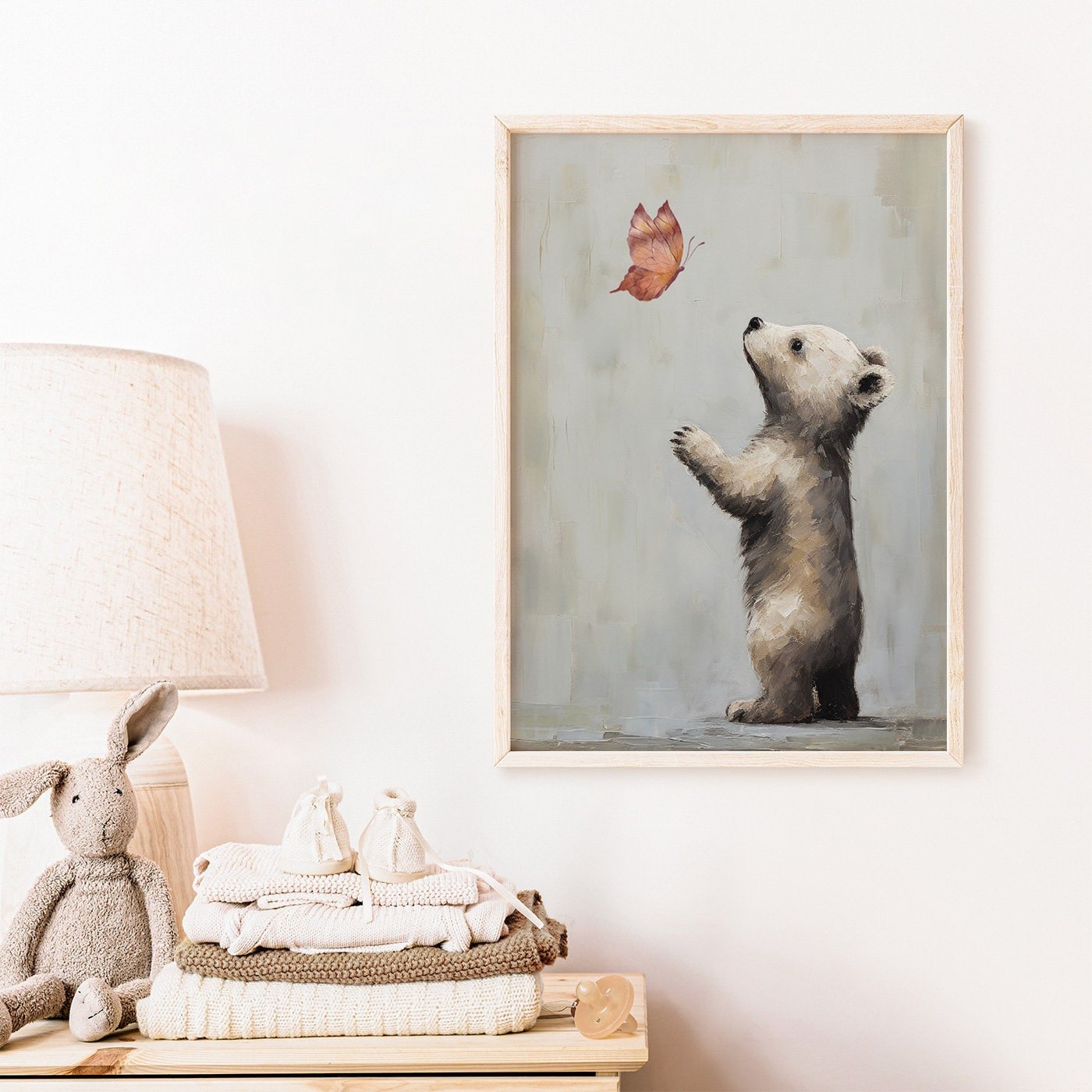Nursery Animal Decor, Unique Vintage Kids Bedroom Art, Baby Bear & Butterfly - WildfieldPrints