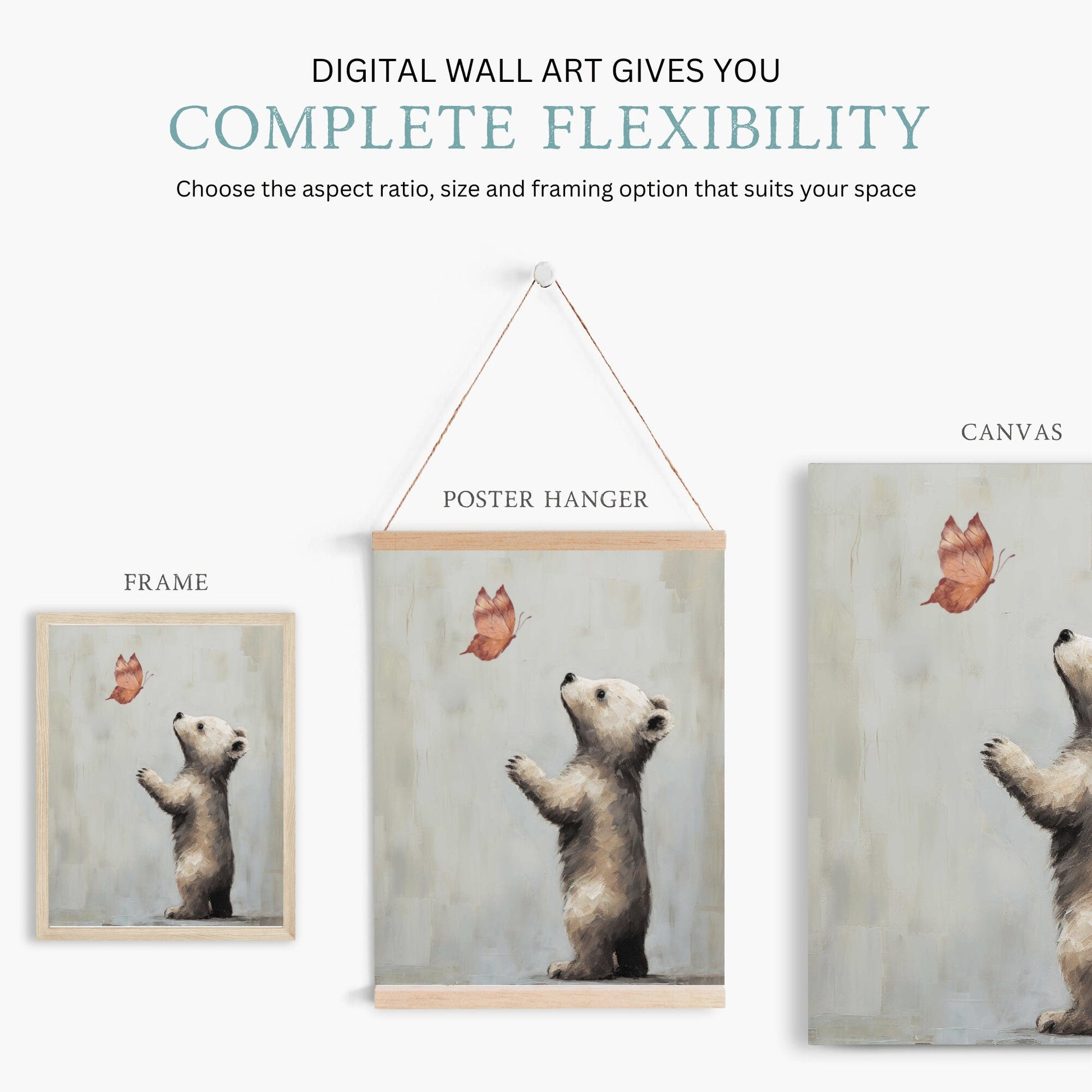 Nursery Animal Decor, Unique Vintage Kids Bedroom Art, Baby Bear & Butterfly - WildfieldPrints