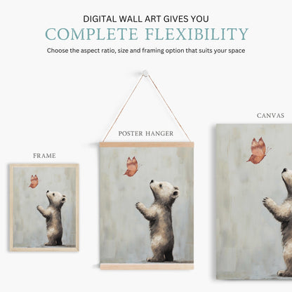 Nursery Animal Decor, Unique Vintage Kids Bedroom Art, Baby Bear & Butterfly - WildfieldPrints