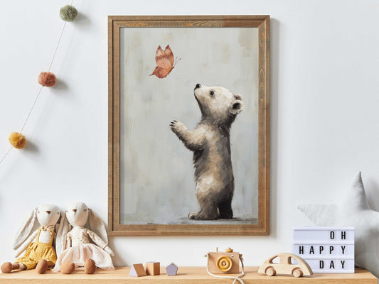 Nursery Animal Decor, Unique Vintage Kids Bedroom Art, Baby Bear & Butterfly - WildfieldPrints