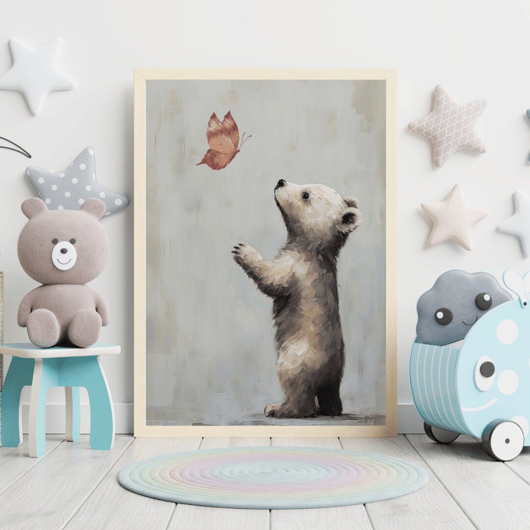 Nursery Animal Decor, Unique Vintage Kids Bedroom Art, Baby Bear & Butterfly - WildfieldPrints