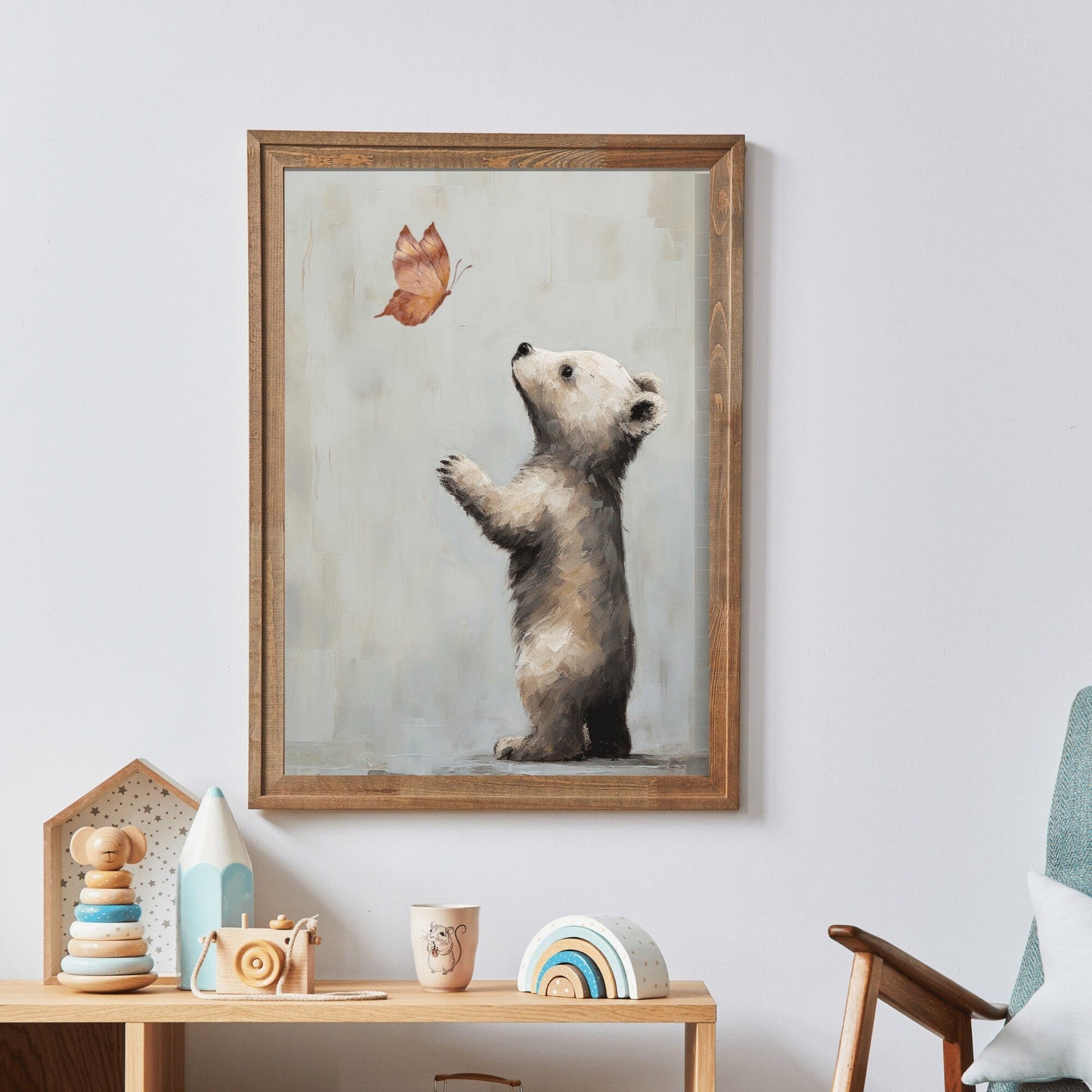 Nursery Animal Decor, Unique Vintage Kids Bedroom Art, Baby Bear & Butterfly - WildfieldPrints