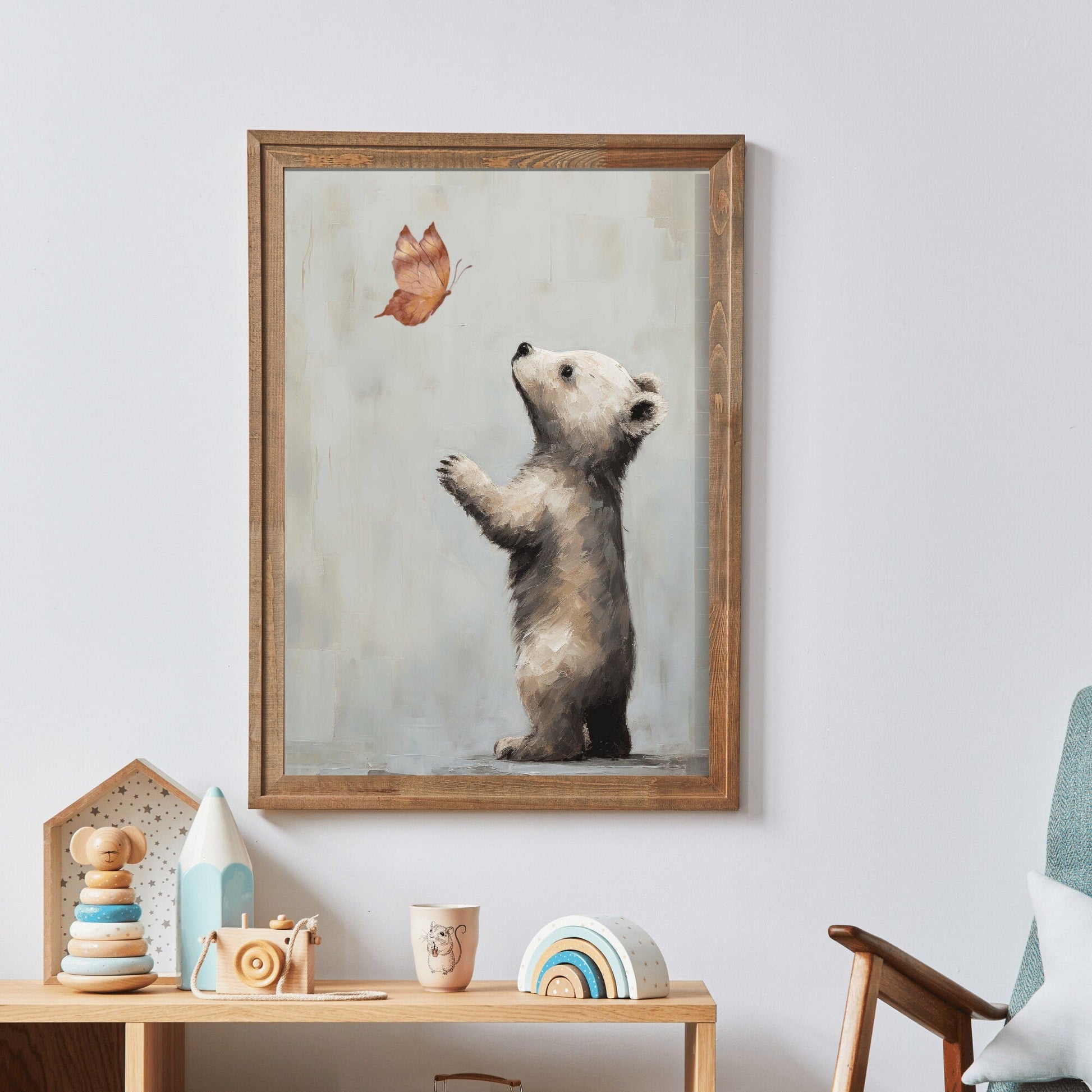 Nursery Animal Decor, Unique Vintage Kids Bedroom Art, Baby Bear & Butterfly - WildfieldPrints