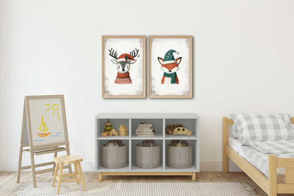 Nursery Animal Prints, Christmas Decor, Deer and Fox Wall Art - WildfieldPrints