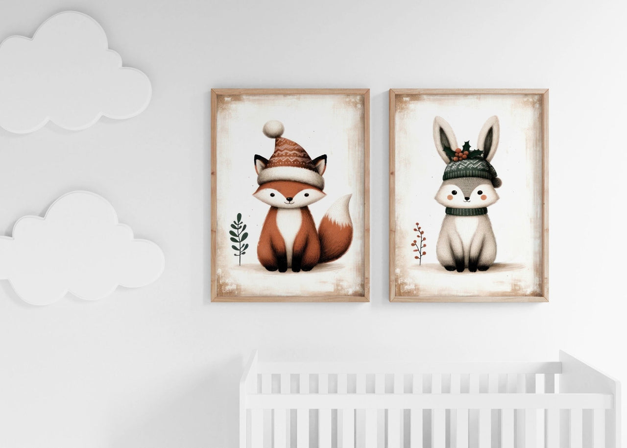 Fox and Bunny Wall Art – Woodland Nursery Print • Set of 2