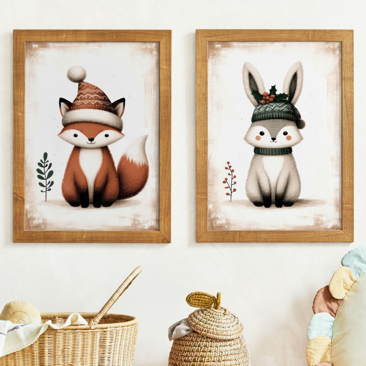 Fox and Bunny Wall Art – Woodland Nursery Print • Set of 2
