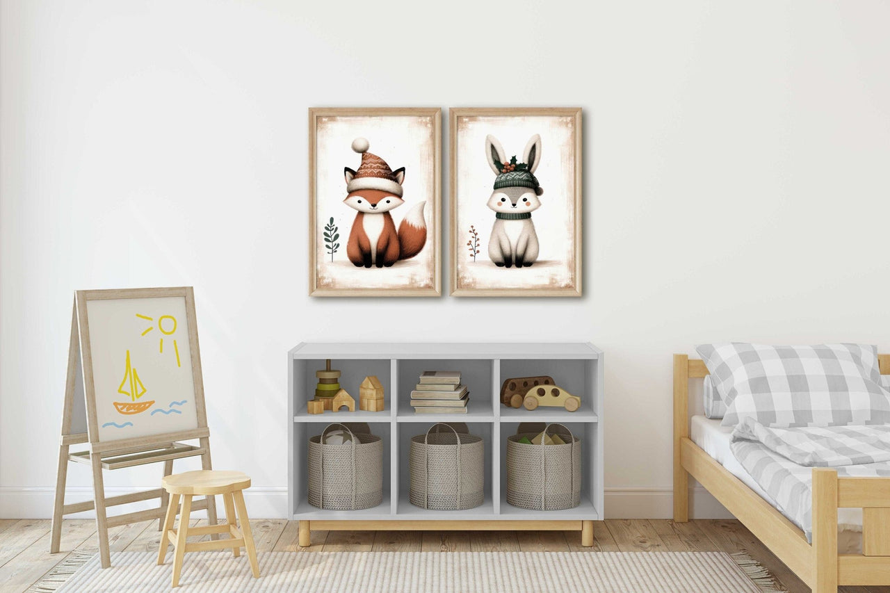 Fox and Bunny Wall Art – Woodland Nursery Print • Set of 2