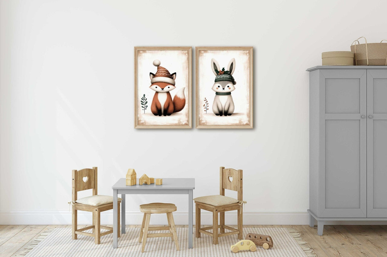 Fox and Bunny Wall Art – Woodland Nursery Print • Set of 2
