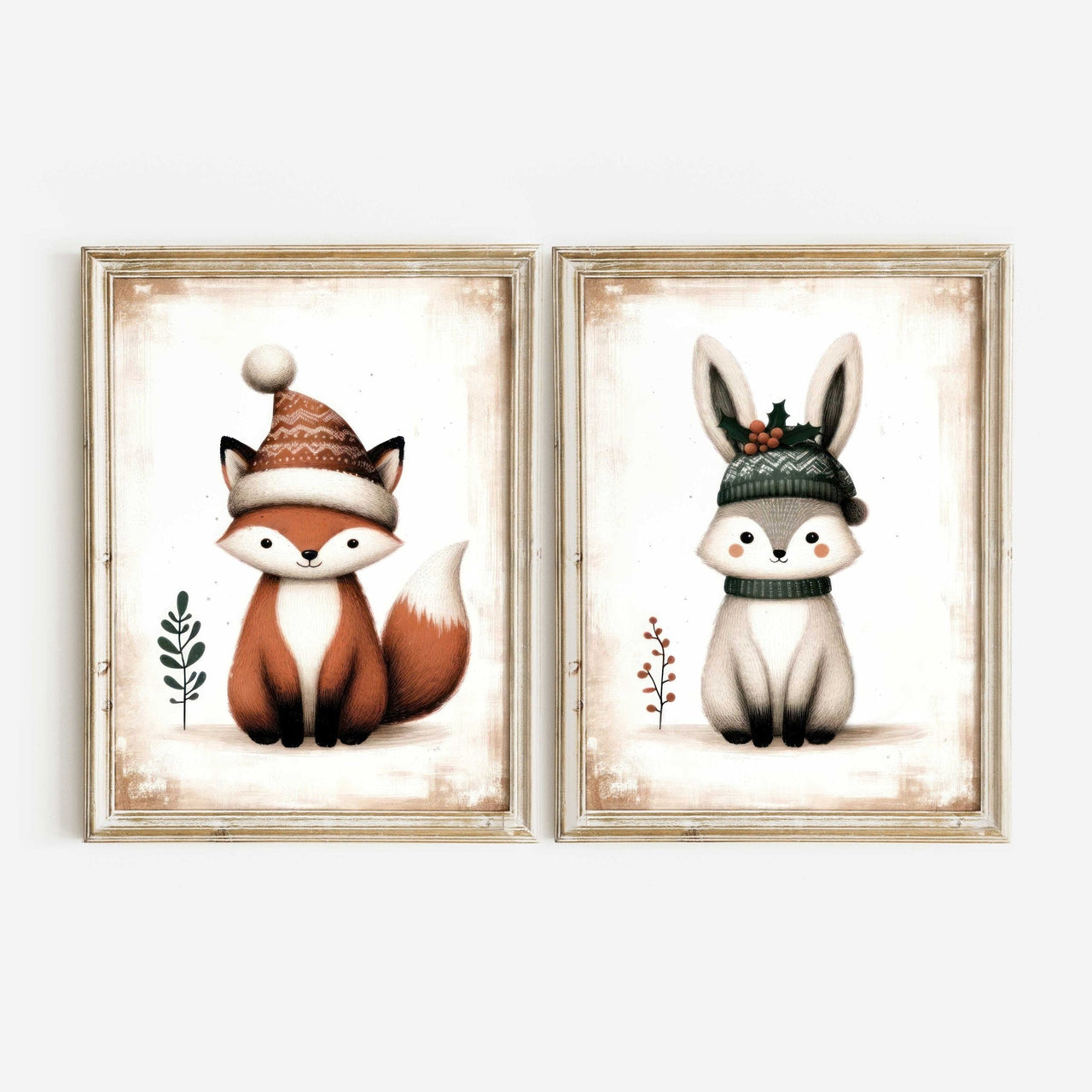 Fox and Bunny Wall Art – Woodland Nursery Print • Set of 2
