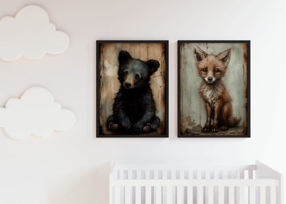 Nursery Animal Prints, Unique Vintage Kids Room Decor, Rustic Wildlife Theme - WildfieldPrints