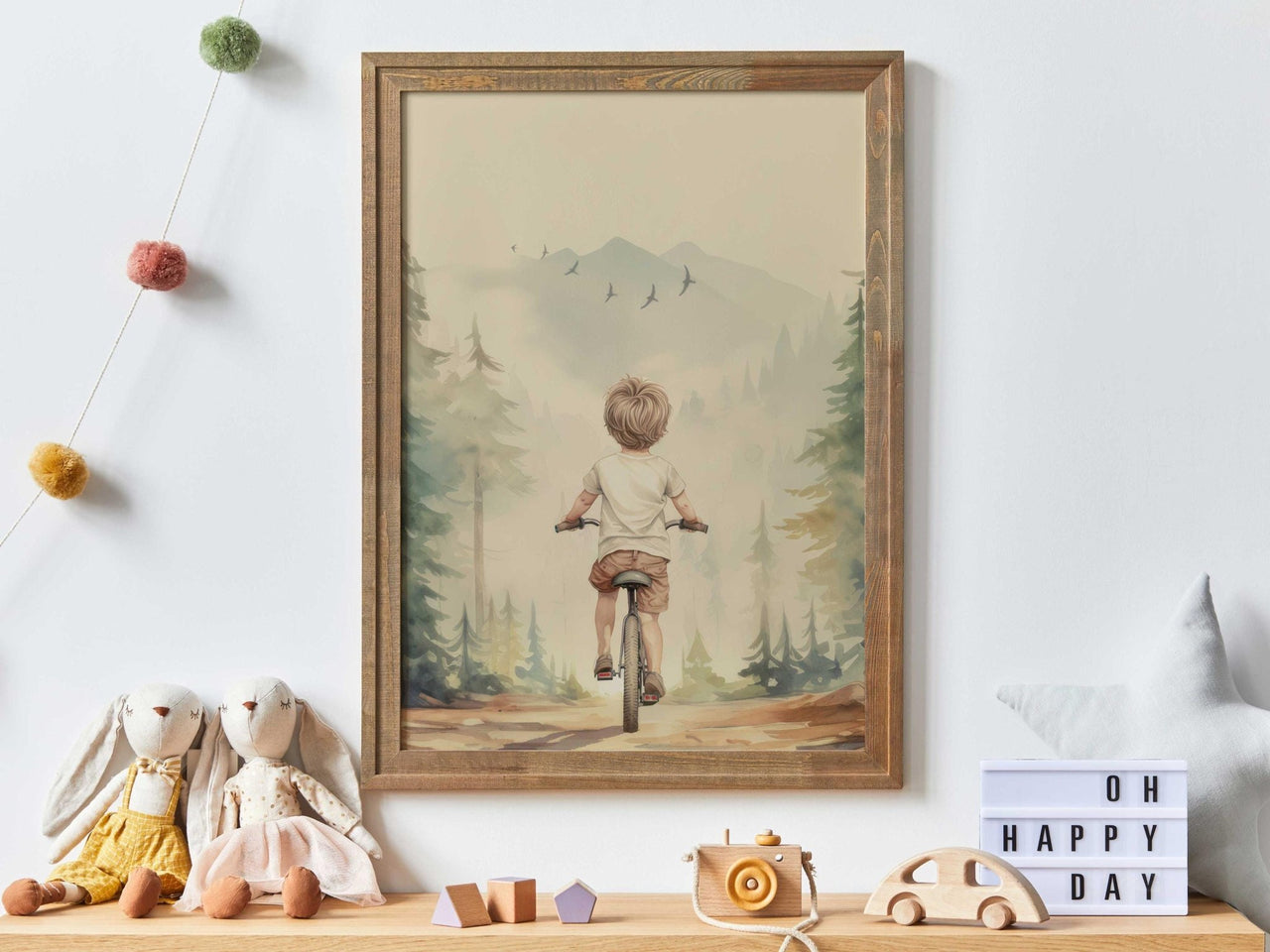 Little Boy Biking Wall Art – Adventure Nursery Print for Boys Room