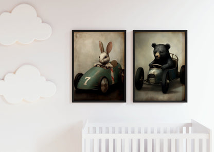 Nursery Car Prints, Unique Vintage Boys Room Decor, Animals Racing - WildfieldPrints