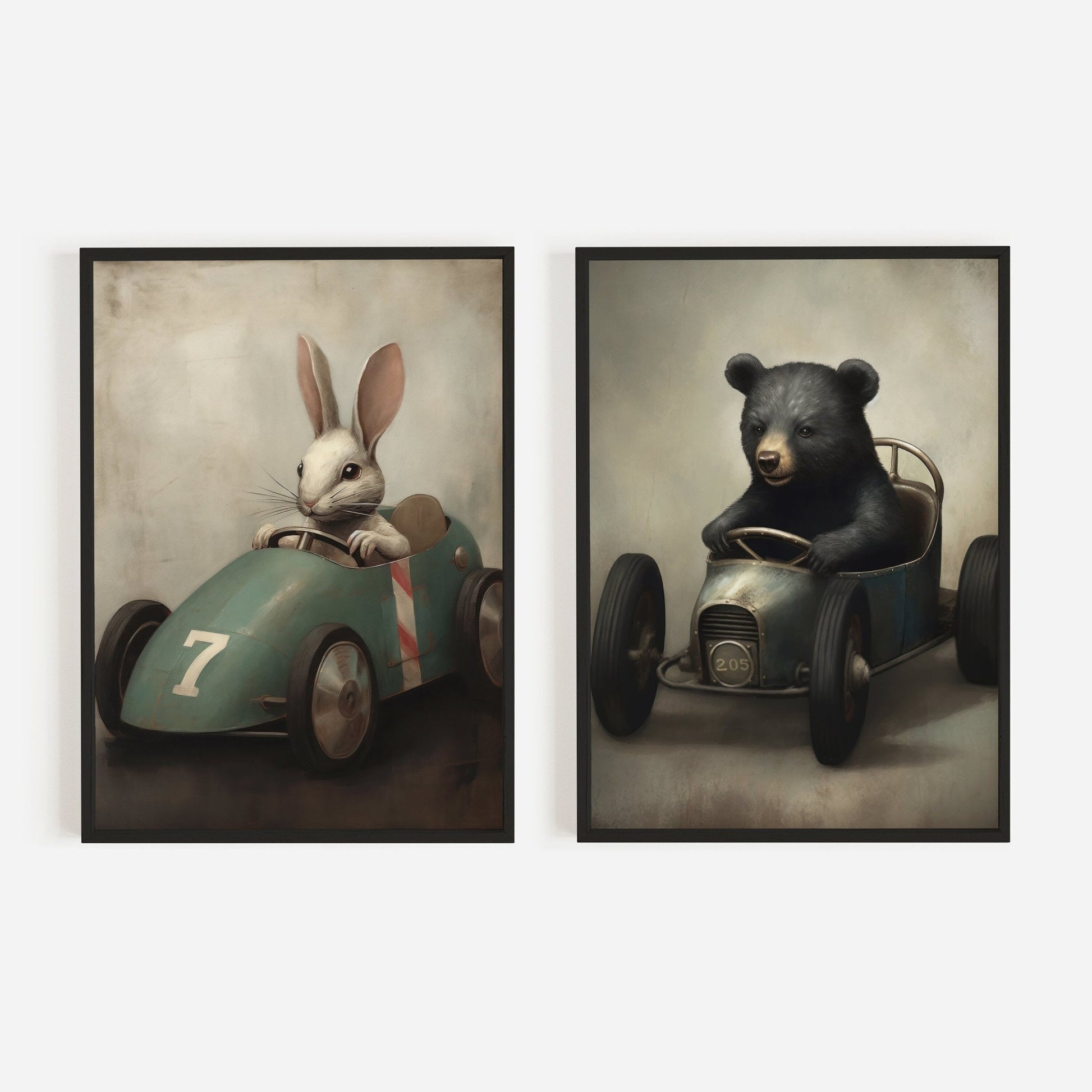 Nursery Car Prints, Unique Vintage Boys Room Decor, Animals Racing - WildfieldPrints