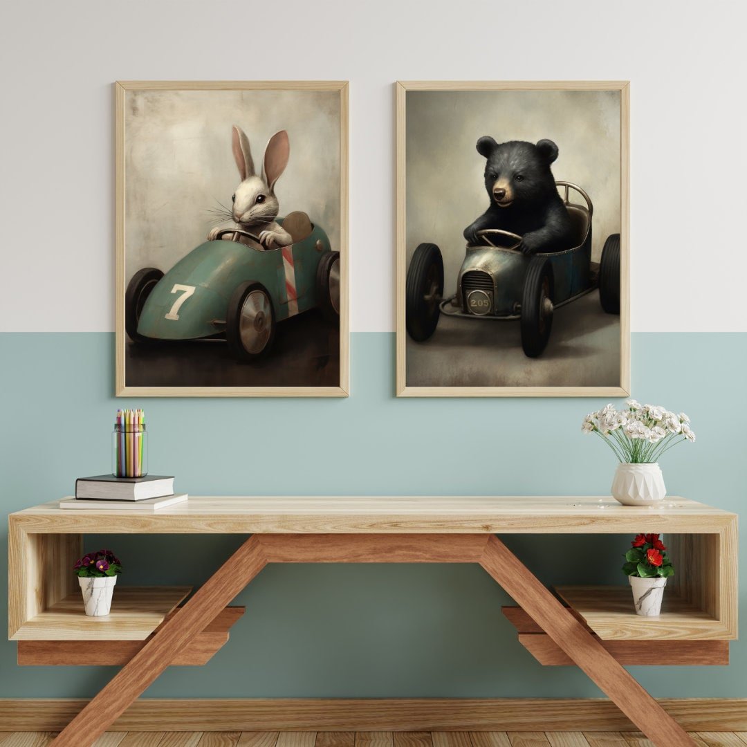 Nursery Car Prints, Unique Vintage Boys Room Decor, Animals Racing - WildfieldPrints