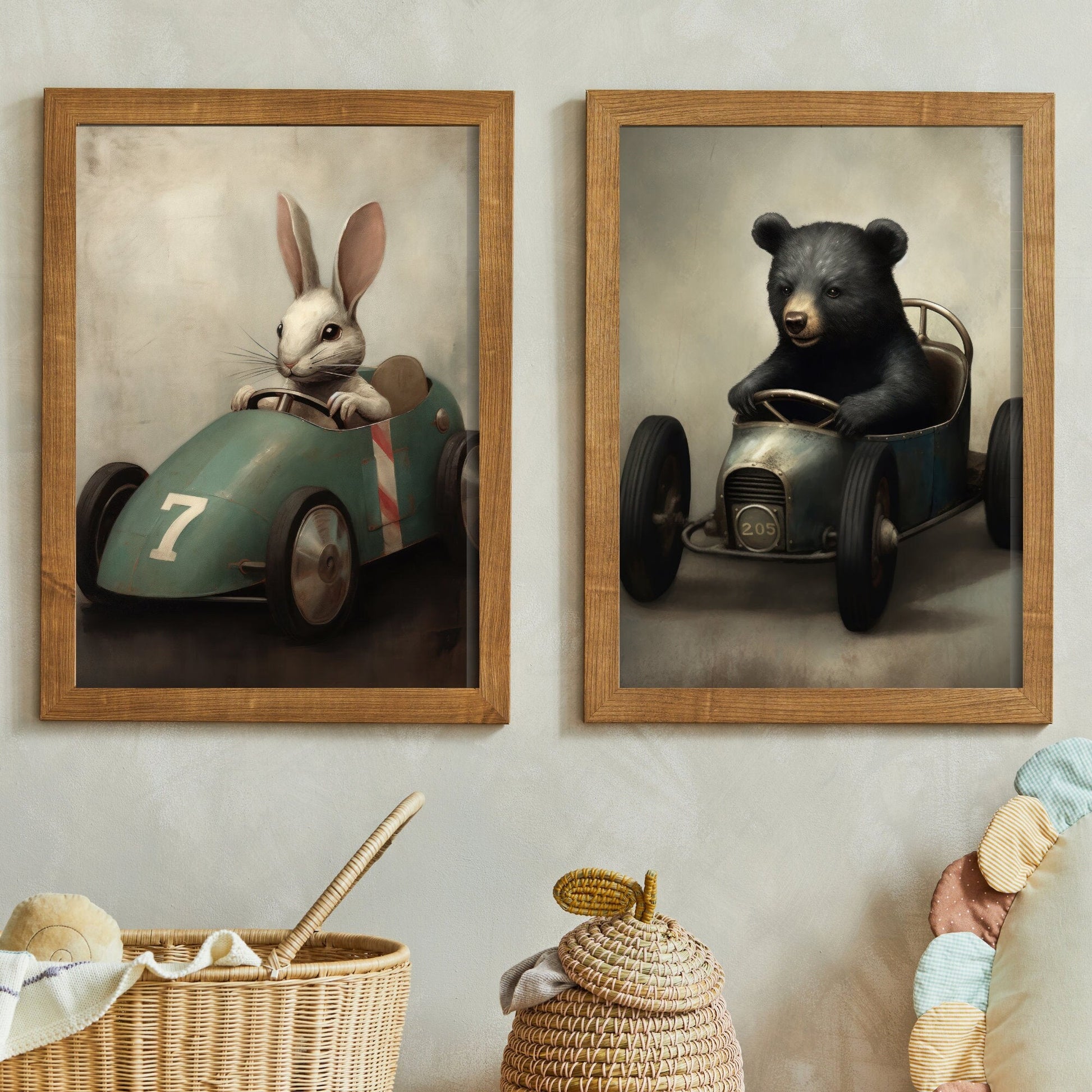Nursery Car Prints, Unique Vintage Boys Room Decor, Animals Racing - WildfieldPrints