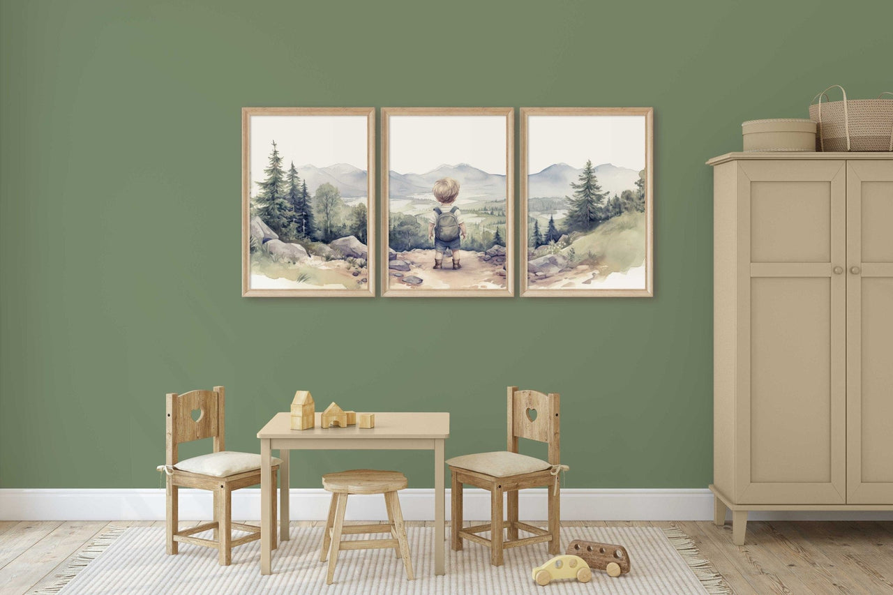 Little Boy Hiker Wall Art – Adventure Boys Room Print • Set of 3