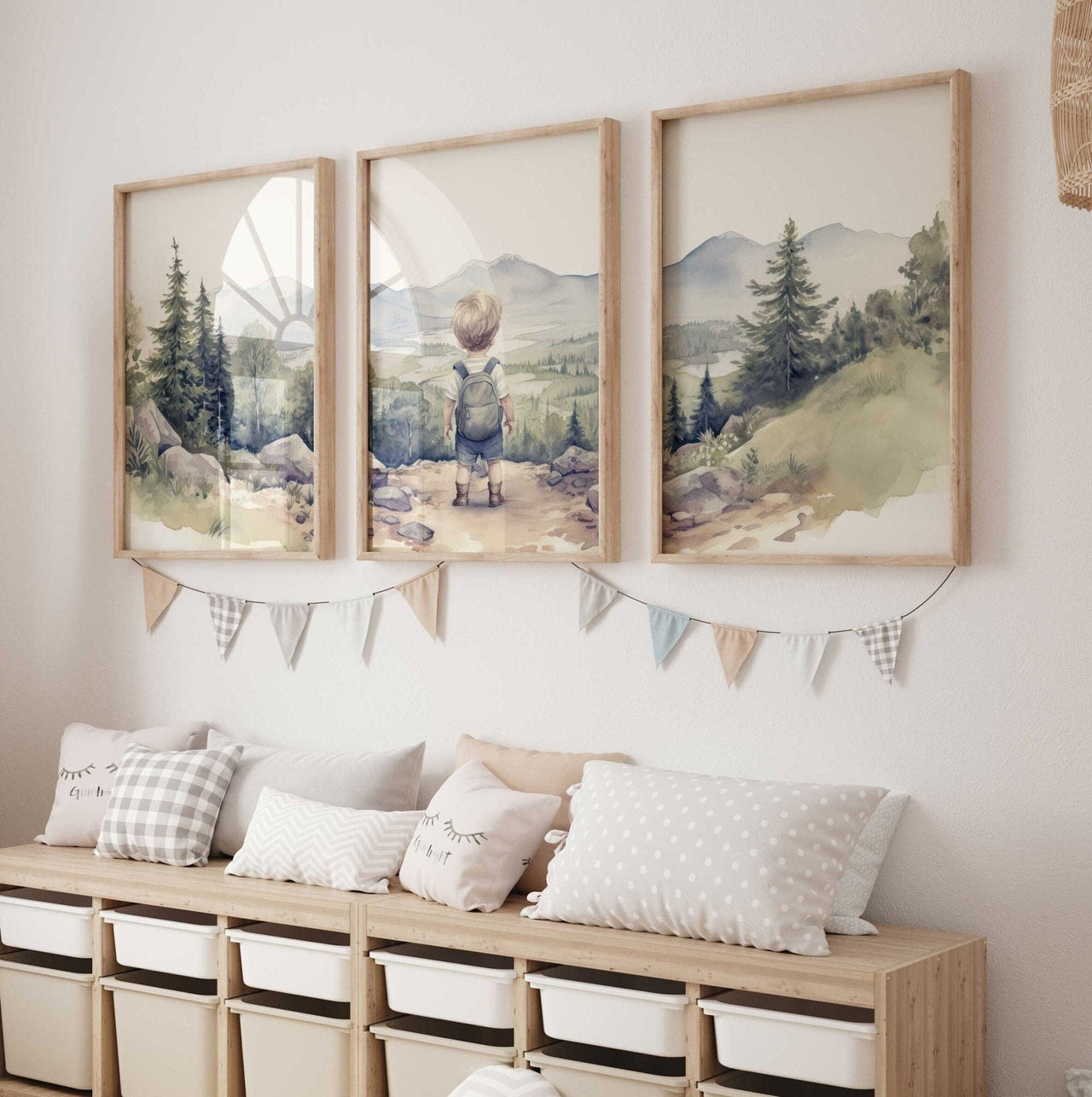 Little Boy Hiker Wall Art – Adventure Boys Room Print • Set of 3