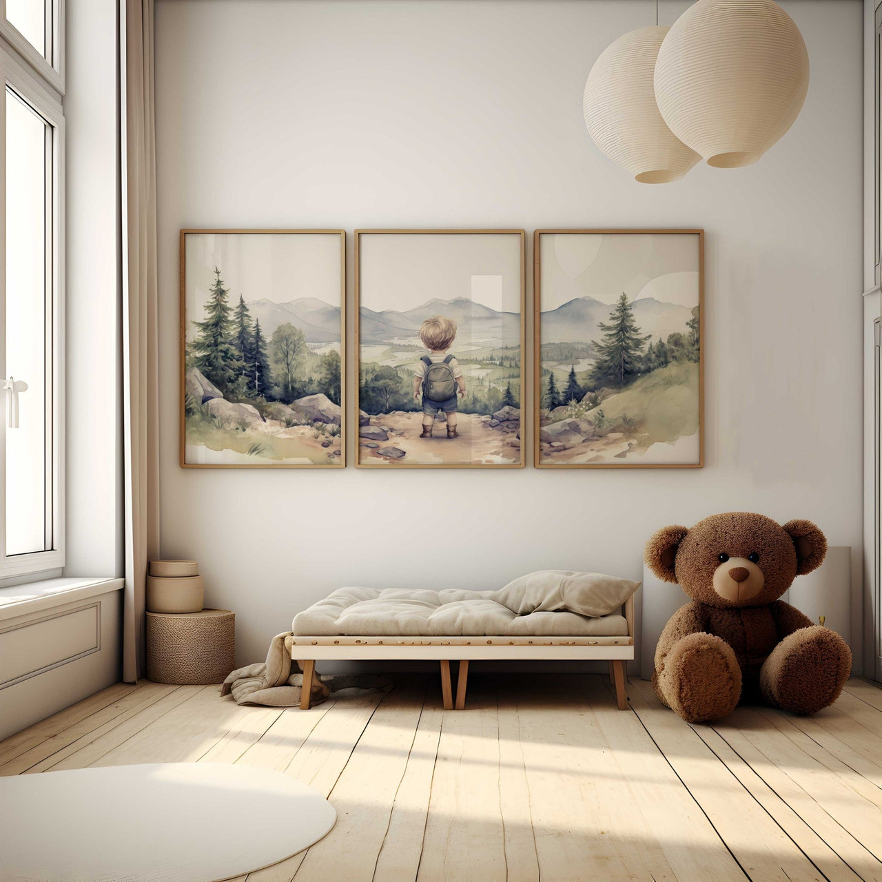 Little Boy Hiker Wall Art – Adventure Boys Room Print • Set of 3