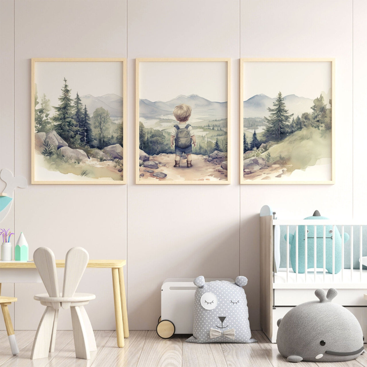 Little Boy Hiker Wall Art – Adventure Boys Room Print • Set of 3