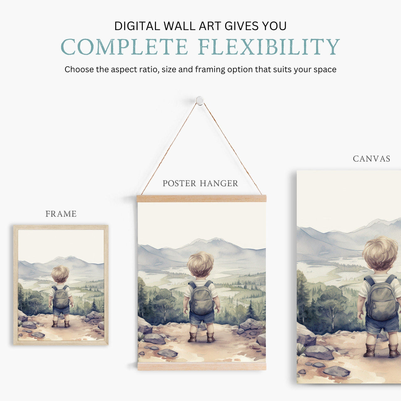 Little Boy Hiker Wall Art – Adventure Boys Room Print • Set of 3