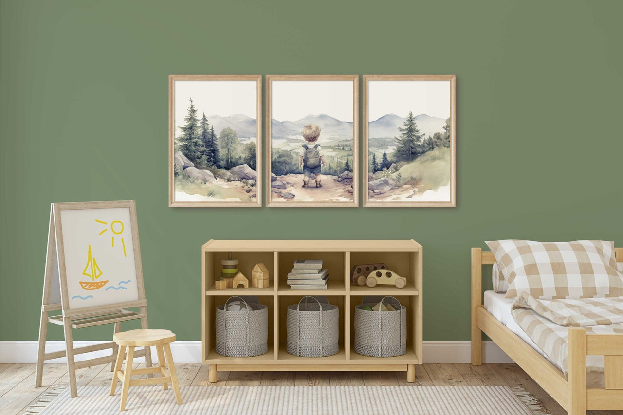 Little Boy Hiker Wall Art – Adventure Boys Room Print • Set of 3