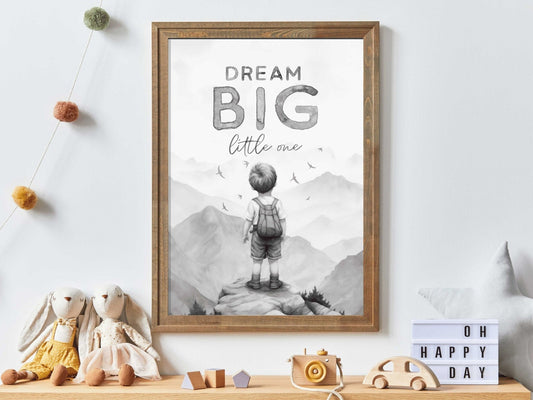 Nursery Quote Art, Dream Big Little One, Boys Adventure Decor, Vintage Wall Decor - WildfieldPrints