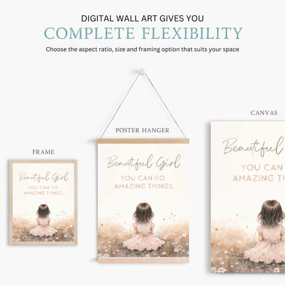Nursery Quote Wall Art, Beautiful Girl You Can Do Amazing Things, Pink Watercolor Decor - WildfieldPrints
