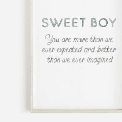 Nursery Quote Wall Art, Sweet Boy, You Are More Than We Ever Expected - WildfieldPrints