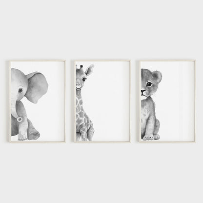 Nursery Safari Animal Wall Art, Black & White Baby Room Decor - WildfieldPrints