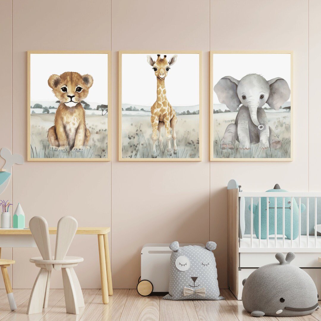 Safari Animal Wall Art – African Nursery Print for Kids Room • Set of 3