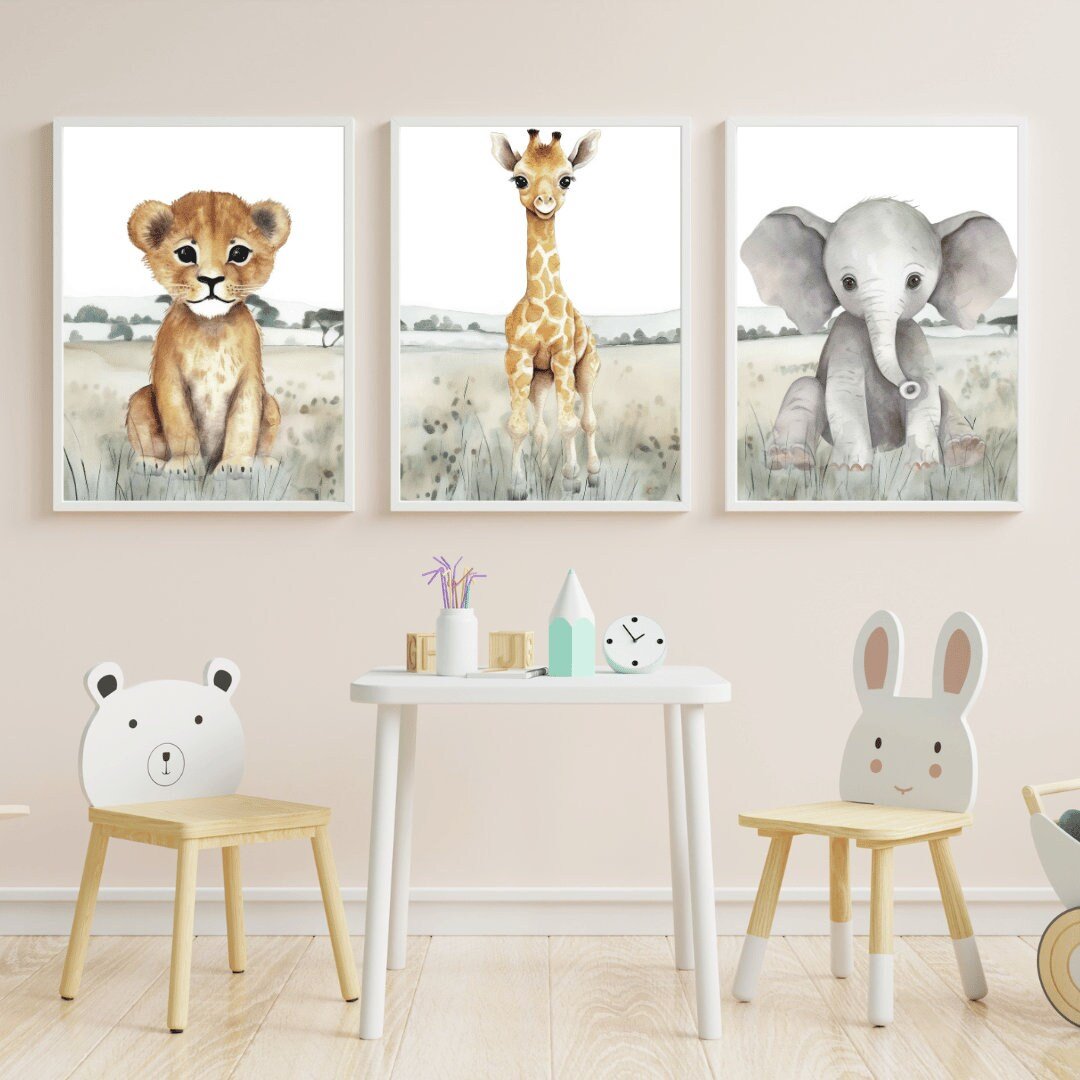 Safari Animal Wall Art – African Nursery Print for Kids Room • Set of 3