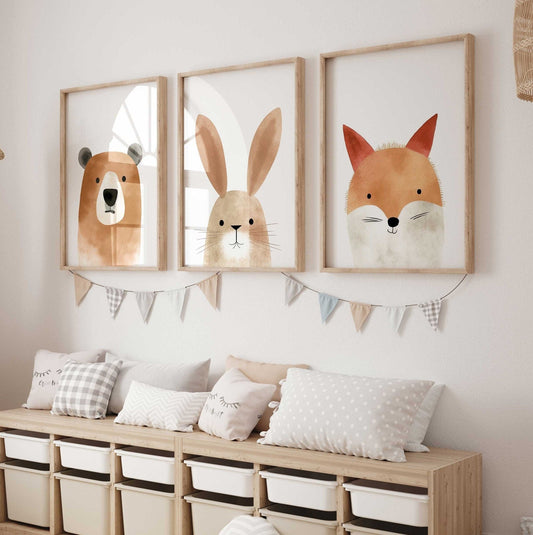 Nursery Wall Art Prints, Watercolor Animal Portraits, Bear, Bunny, Fox - WildfieldPrints