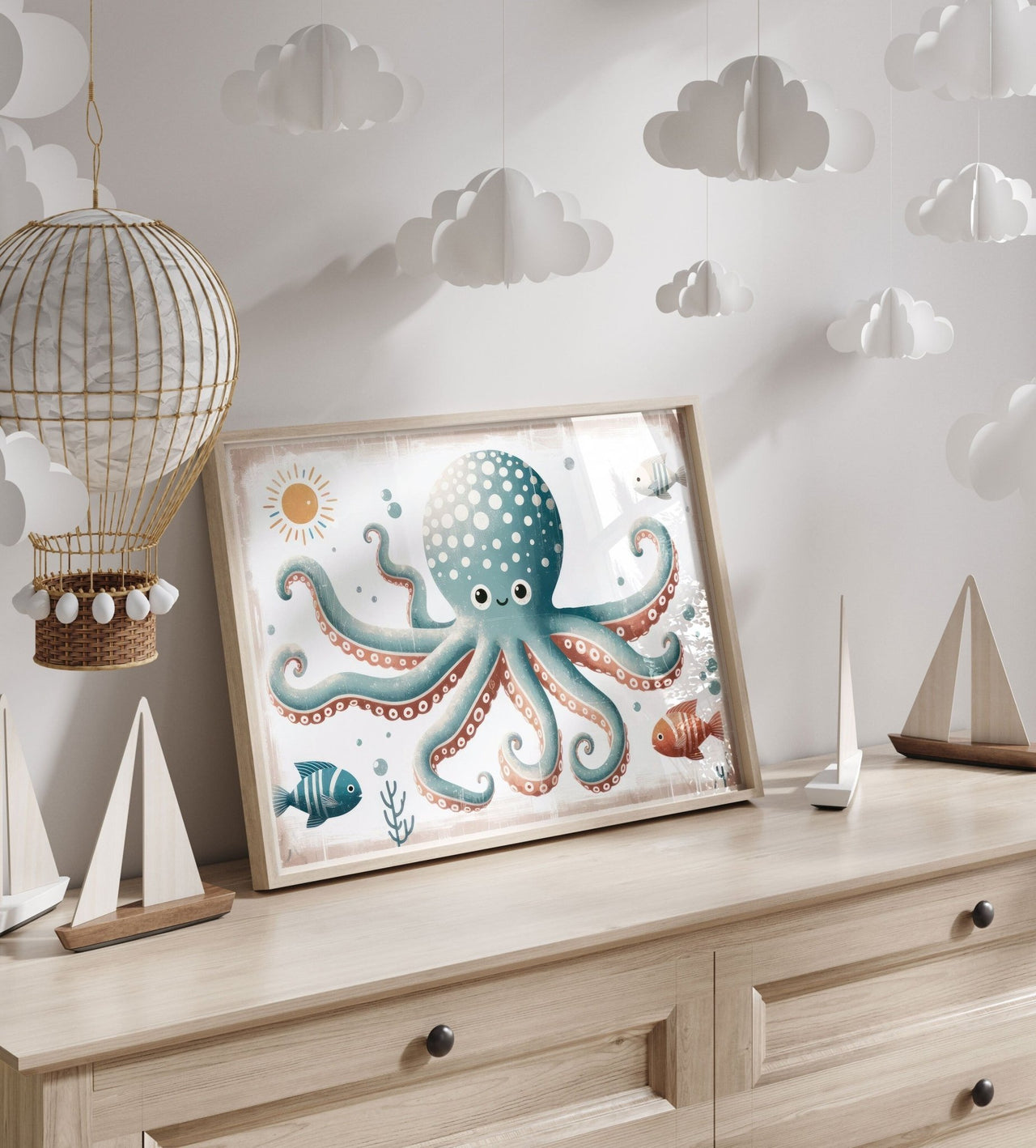 Teal Octopus Print – Ocean Kids Room Wall Decor