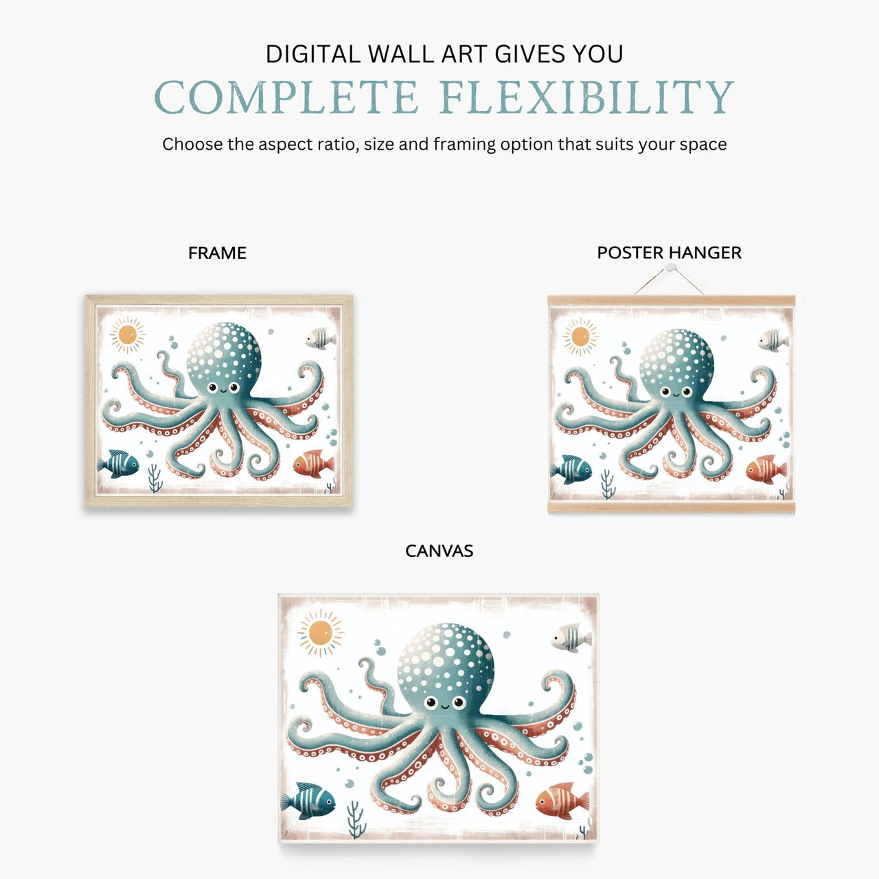 Teal Octopus Print – Ocean Kids Room Wall Decor