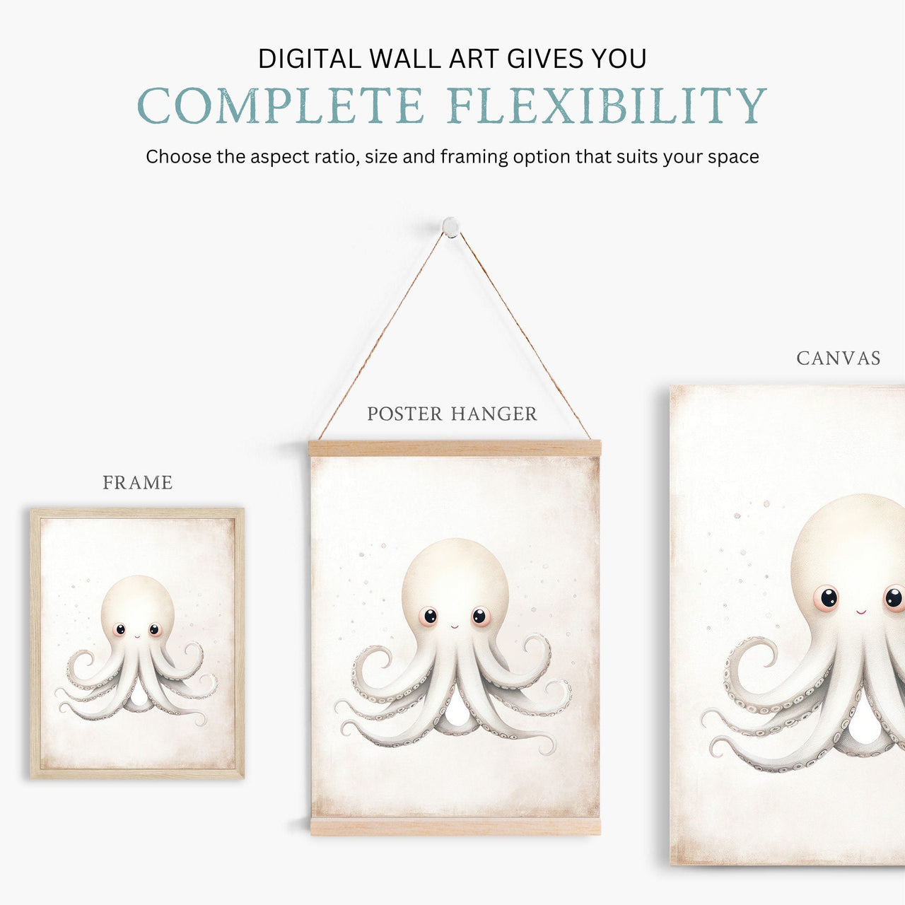 White Octopus Wall Art – Sea Animal Nursery Print