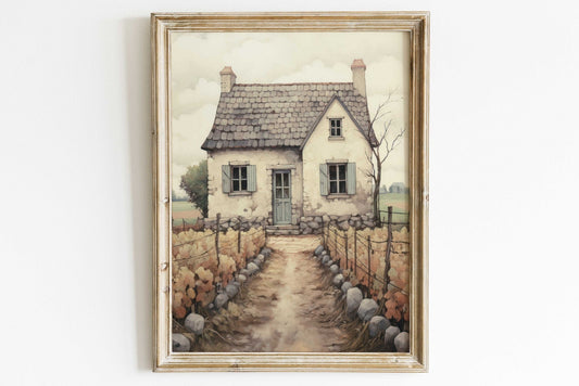 Old Stone House Print, Rustic Farmhouse Decor, Vintage French Landscape - WildfieldPrints