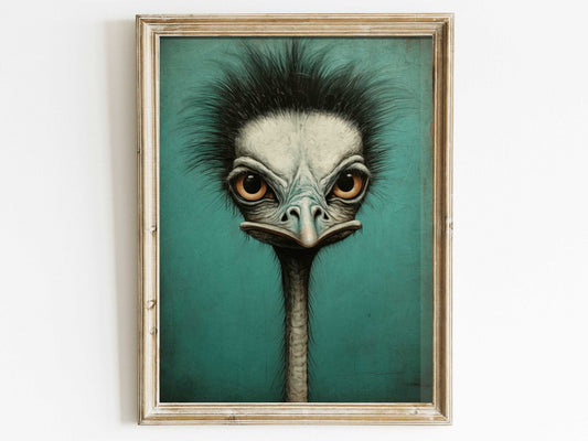 Ostrich Wall Art, Vintage Bird Print, Teal Color Decor - WildfieldPrints
