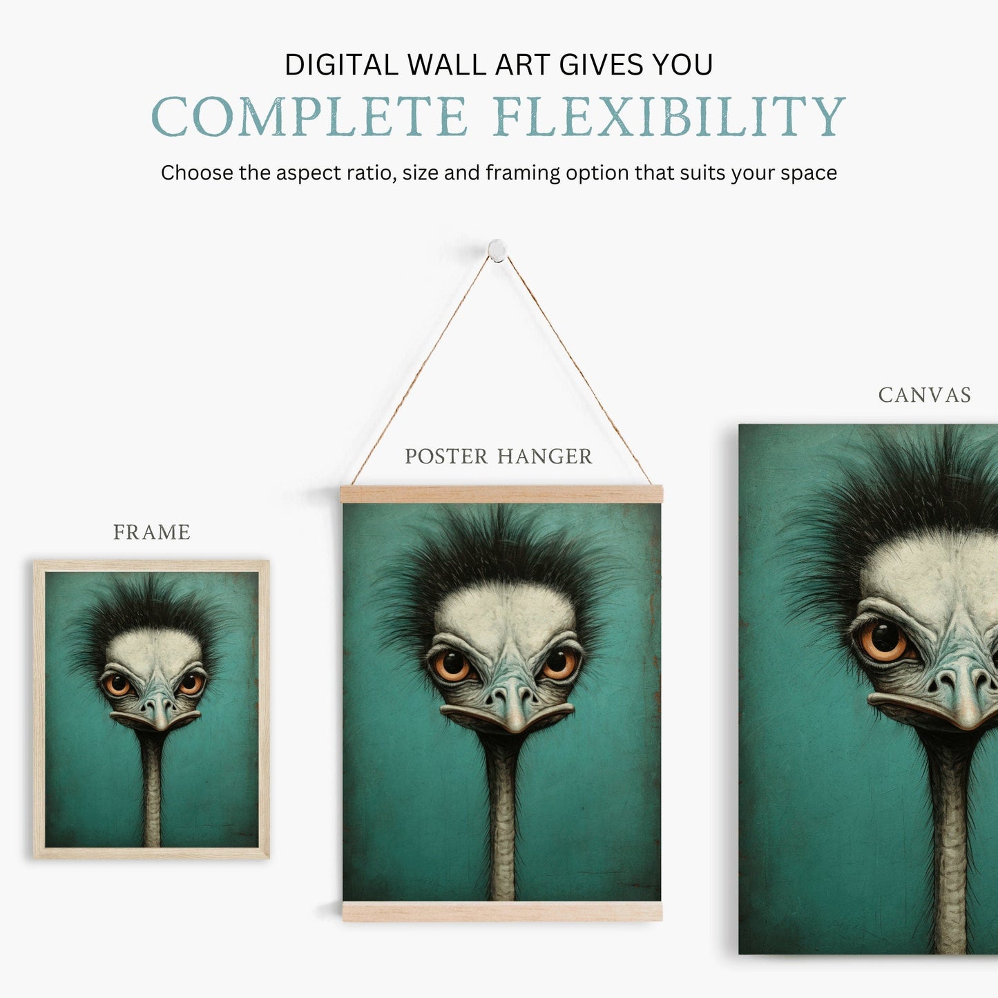 Ostrich Wall Art, Vintage Bird Print, Teal Color Decor - WildfieldPrints