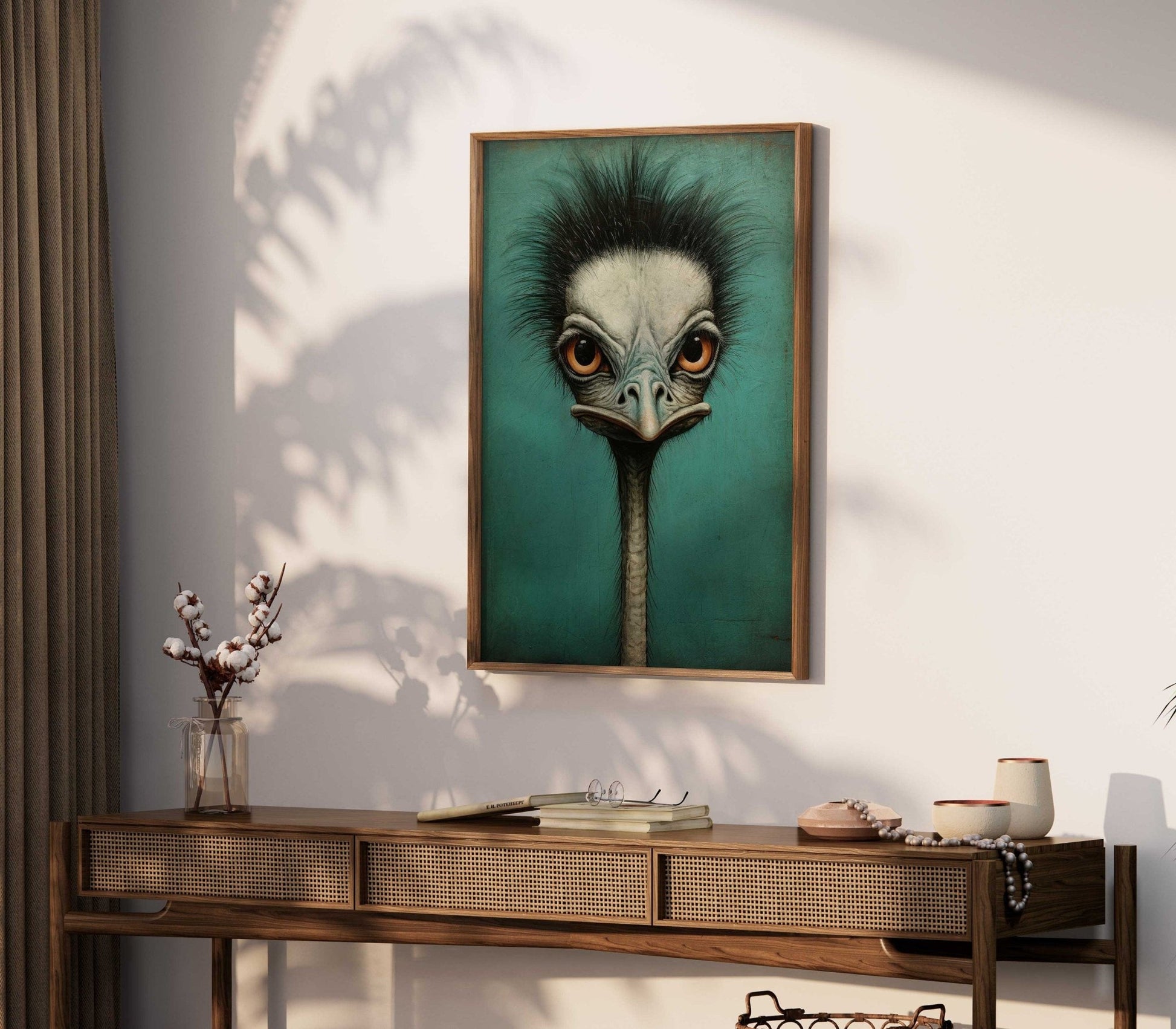 Ostrich Wall Art, Vintage Bird Print, Teal Color Decor - WildfieldPrints