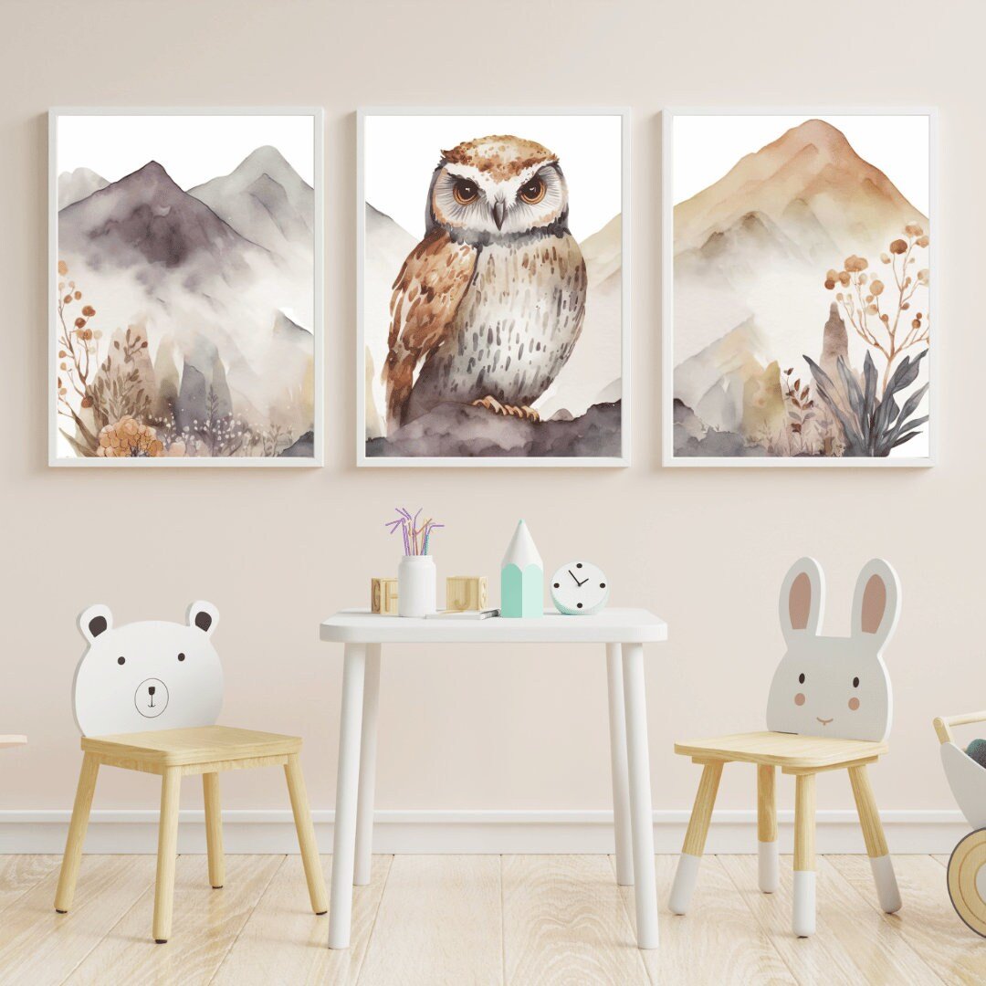 Owl Wall Art – Bird Nursery Print • Set of 3