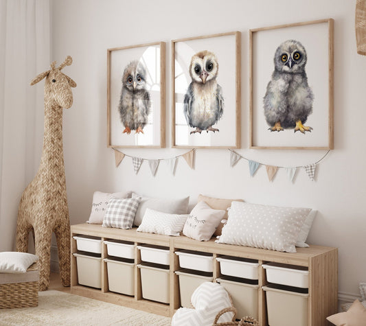 Owl Nursery Wall Art, Cute Animal Decor, Watercolor Prints - WildfieldPrints